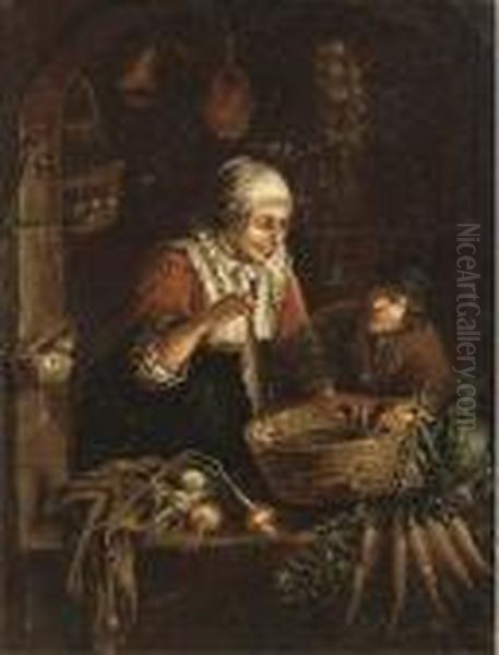 A Woman And A Boy At A Casement With Vegetables Oil Painting by Gerrit Dou