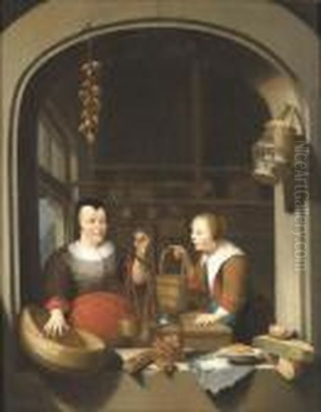 A Shop-keeper And A Maid Seen Through A Casement Oil Painting by Gerrit Dou