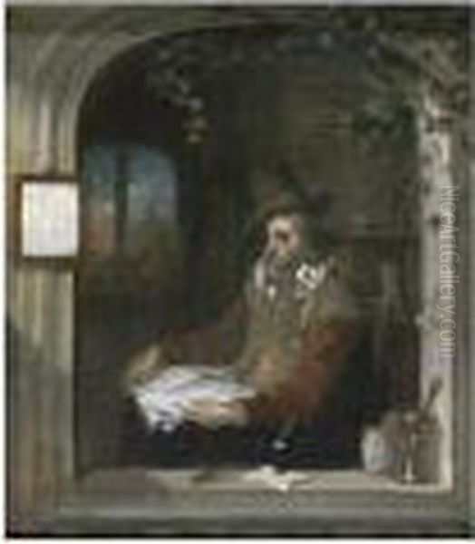 A Scholar, Or Letter Writer, Seated In An Alcove Oil Painting by Gerrit Dou