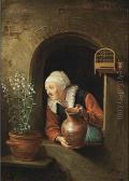 A Woman Watering A Flower In A Window Oil Painting by Gerrit Dou