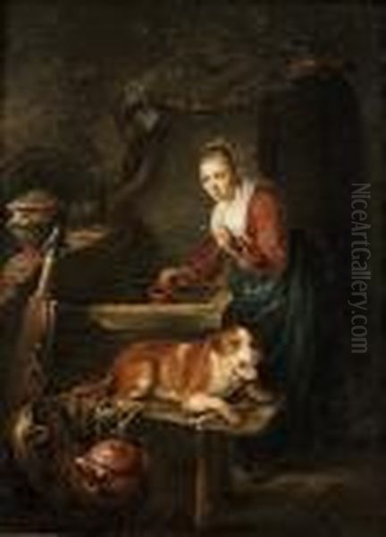 A Young Woman Drawing Water From A Well With A Dog On A Bench Beside Her Oil Painting by Gerrit Dou