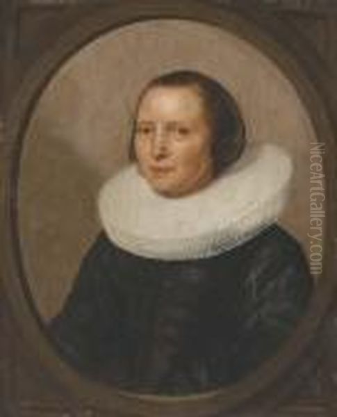 Portrait Of A Lady, Bust-length,
 In A Black Velvet Dress With Awhite Ruff, In A Feigned Oval Oil Painting by Gerrit Dou