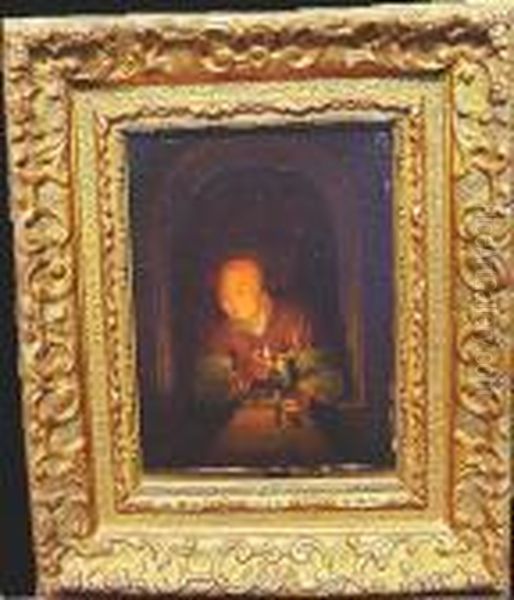 Woman With Lamp At Window Oil Painting by Gerrit Dou