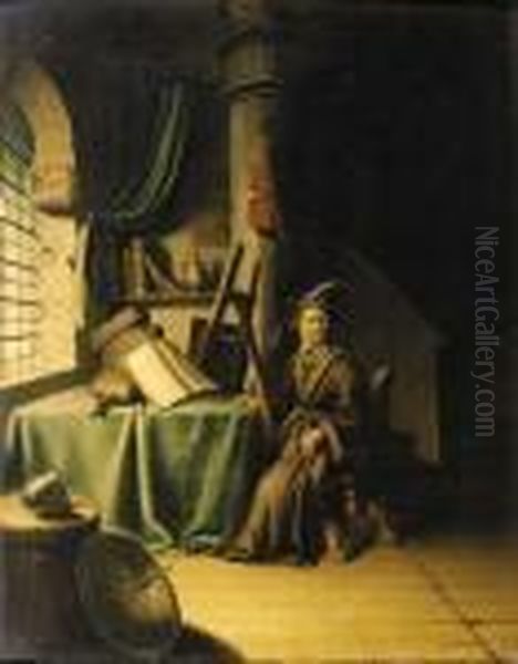 A Scholar In An Interior Oil Painting by Gerrit Dou