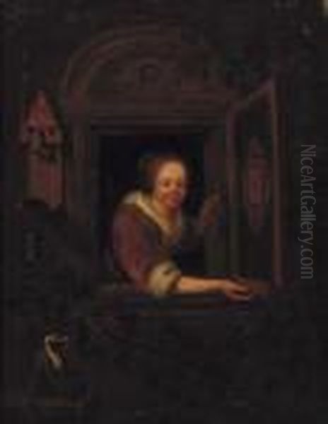 A Lady With A Monkey And A Bullfinch At A Casement Oil Painting by Gerrit Dou