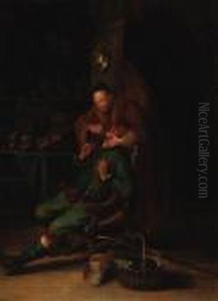 A Dentist Pulling Teeth In An Interior Oil Painting by Gerrit Dou