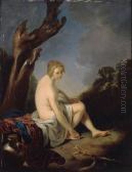 A Nymph Seated At The Foot Of A Tree, In A Landscape Oil Painting by Gerrit Dou