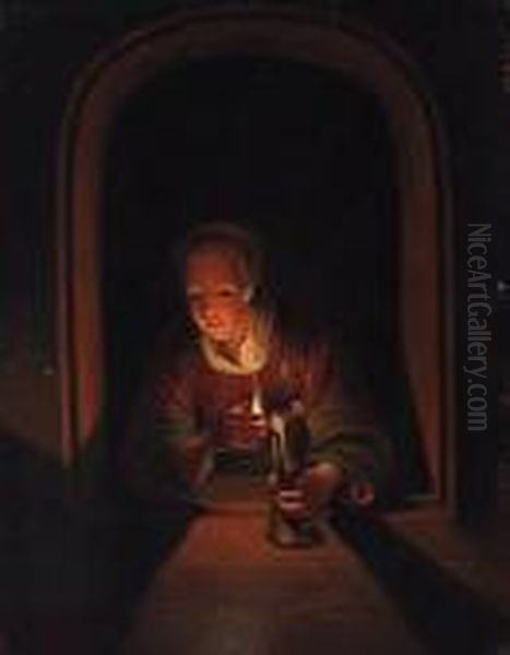 A Young Woman At A Casement With A Lamp Oil Painting by Gerrit Dou