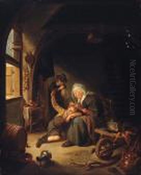 A Woman De-lousing A Boy In An Interior Oil Painting by Gerrit Dou