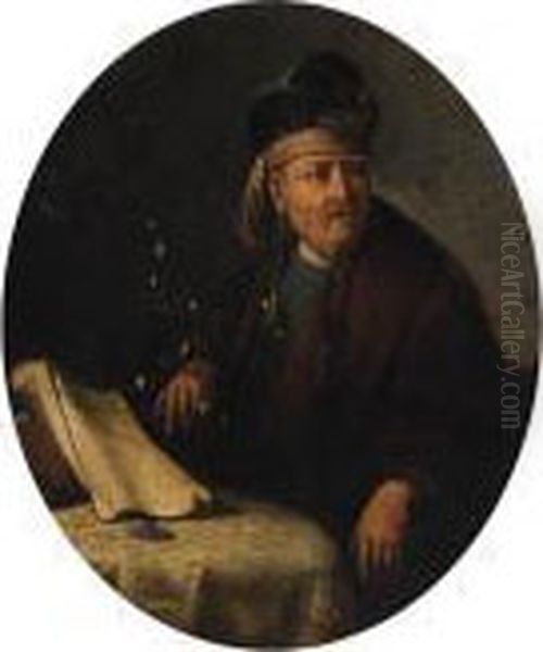 Portrait Of A Man, Half-length, 
In Oriental Costume, Seated At Atable; And Portrait Of A Woman, 
Half-length, In Fur-trimmed Robesand A Headdress, Seated At A Table Oil Painting by Gerrit Dou