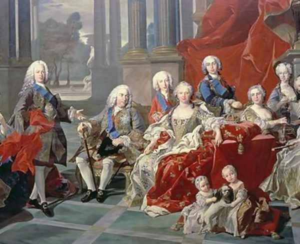 The Family of Philip V of Spain 1683-1746 detail depicting the king his second wife Elizabeth Farnese and the future Ferdinand VI 1743 Oil Painting by Louis Michel van Loo