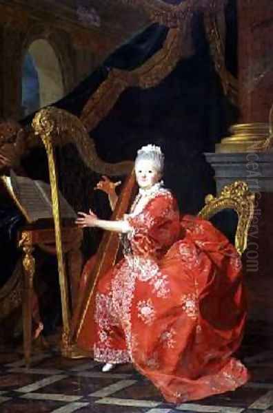 Portrait of a Lady said to be Madame Adelaide daughter of Louis XV playing a harp Oil Painting by Louis Michel van Loo