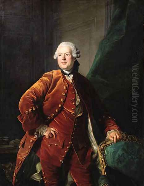 Portrait of a man, said to be Monsieur de Boulogne, three-quarter-length, in an orange velvet costume Oil Painting by Louis Michel van Loo