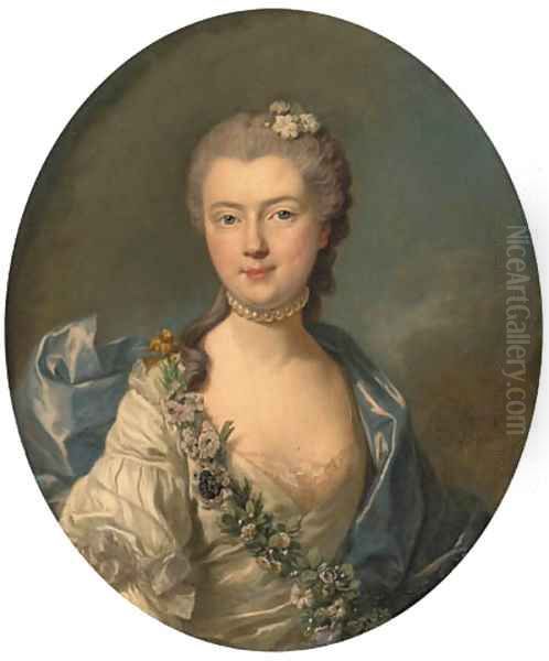 Portrait of Countess Jeanne de Chrion-Franois de Lamoignon, bust-length, in a white silk dress with a blue shawl and a garland of flowers Oil Painting by Louis Michel van Loo