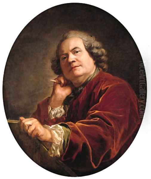 Portrait of the artist, half-length, in a red jacket Oil Painting by Louis Michel van Loo