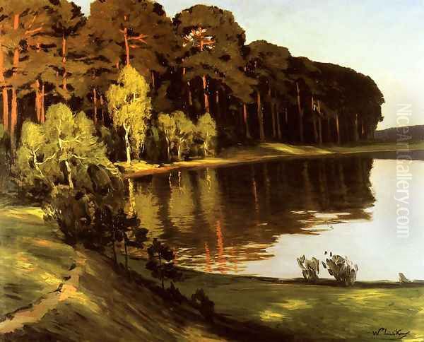 Riverscene with Forest beyond Oil Painting by Walter Leistikow