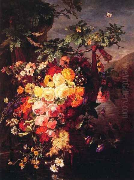 Wild Flowers and Butterflies Oil Painting by Jean Pierre Lays