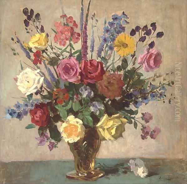 Summer flowers in a vase Oil Painting by Charles Emile Hippolyte Lecomte-Vernet