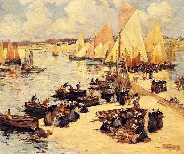 A French Harbor Oil Painting by Fernand Marie Eugene Legout-Gerard