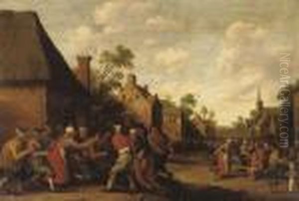 A Village Scene With A Brawl In Front Of An Inn Oil Painting by Joost Cornelisz. Droochsloot