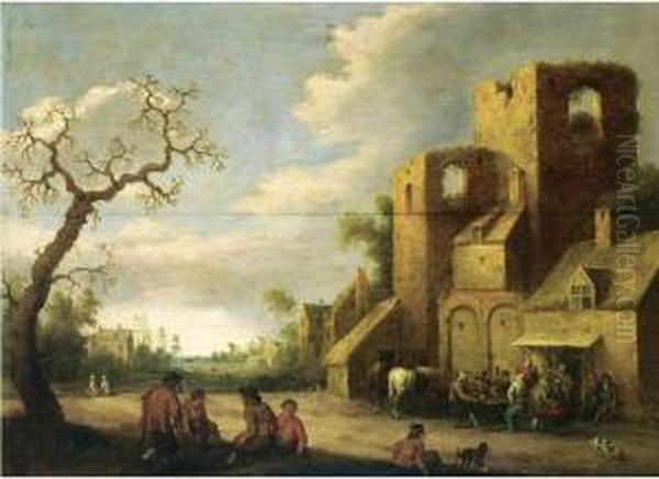 A Village Scene With Peasants 
Drinking Outside An Inn, Otherfigures Resting Beneath A Tree Oil Painting by Joost Cornelisz. Droochsloot