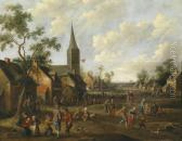 Village Street With Peasants Dancing Andcelebrating Oil Painting by Joost Cornelisz. Droochsloot