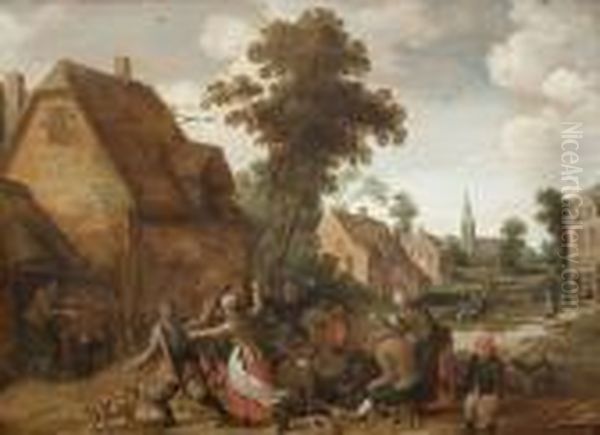 A Skirmish In A Village Oil Painting by Joost Cornelisz. Droochsloot