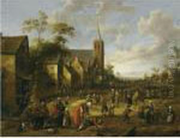 A Busy Village Street With 
Numerous Figures, Peasants Eating Anddrinking At A Table In The 
Foreground, A Church Tower Beyond Oil Painting by Joost Cornelisz. Droochsloot