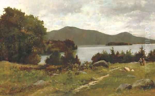 September morning on Lake George across from west end of 'Sagamore bridge' to Buck and Pilot Mountains, New York Oil Painting by Charles Linford