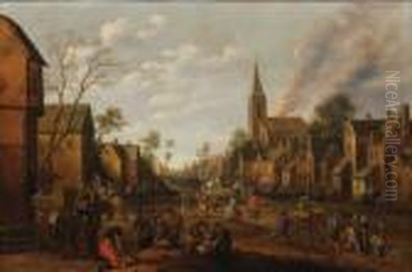 Vue D'une Place De Village Animee De Personnages Oil Painting by Joost Cornelisz. Droochsloot