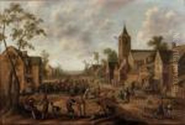 A Crowded Street Scene In A Town Oil Painting by Joost Cornelisz. Droochsloot