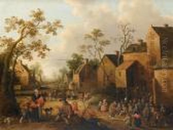 A Village Street With Figures Resting Beneath A Tree Oil Painting by Joost Cornelisz. Droochsloot