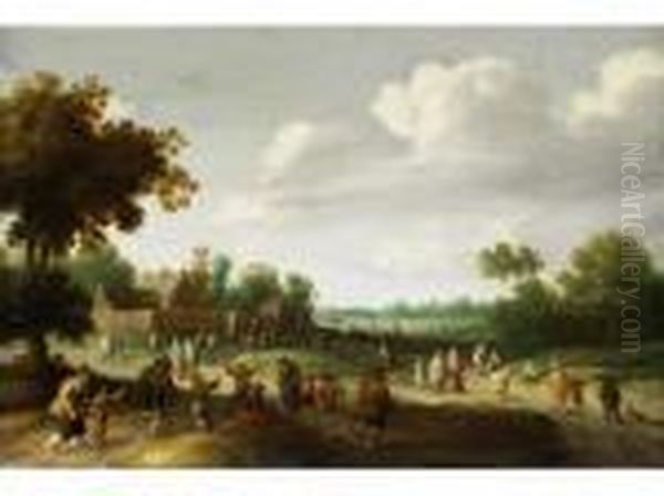 Menschenansammlung In Weiter Landschaft Vor Einem Mit Mauern Umfriedeten Gebaude Oil Painting by Joost Cornelisz. Droochsloot