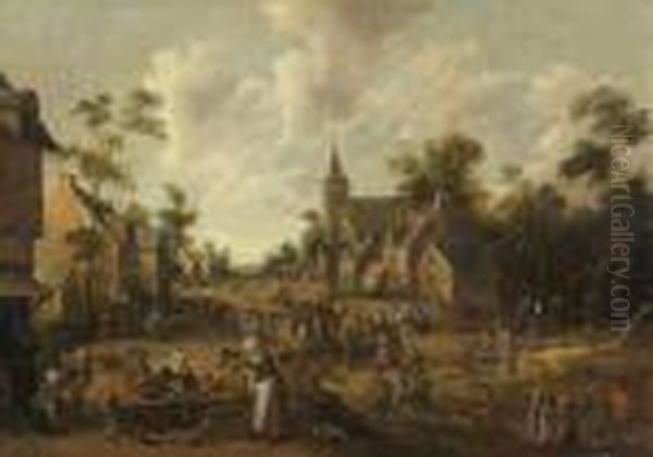 Une Lecture Publique Et Des Rejouissances Paysannes Dans Une Rue De Village Oil Painting by Joost Cornelisz. Droochsloot