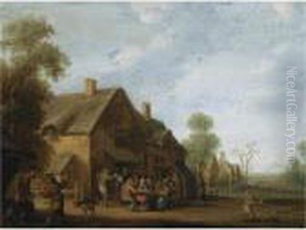 A Village Street With A Group Of
 Peasants Seated Outside An Inn, A Boy Playing With A Dog In The 
Foreground Oil Painting by Joost Cornelisz. Droochsloot