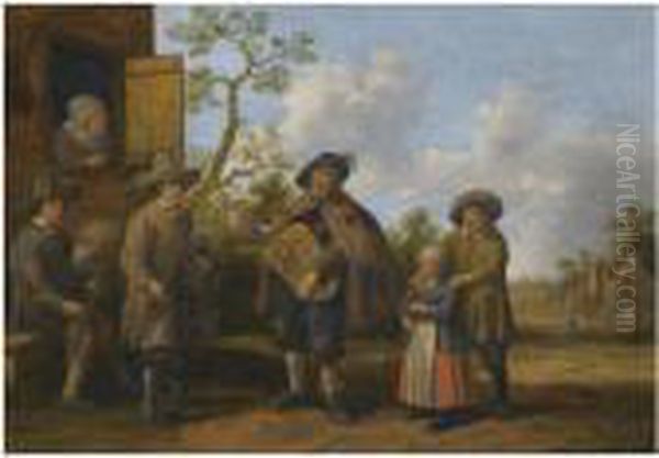 A Hurdy-gurdy Player And Other Musicians Before A Cottage Oil Painting by Joost Cornelisz. Droochsloot