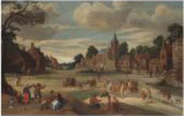 A Busy Village Scene With Numerous Figures, Near A Churchtower Oil Painting by Joost Cornelisz. Droochsloot