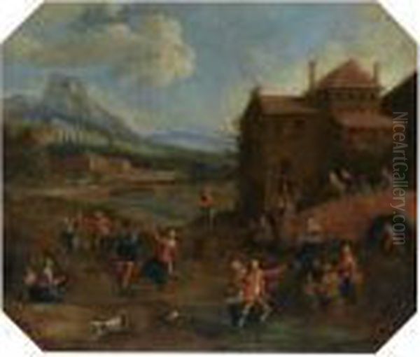 A Village Scene With Peasants Dancing, A Mountainous Landscape Inthe Background Oil Painting by Joost Cornelisz. Droochsloot