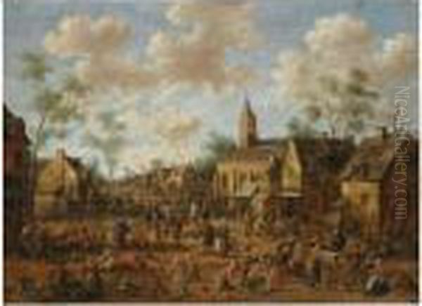 A Village Kermesse, With 
Numerous Figures Feasting Andconversing In The Street, Other Figures 
Gathered Around A Quackdoctor In The Foreground, A Church On The Right 
With A Crowd Oil Painting by Joost Cornelisz. Droochsloot