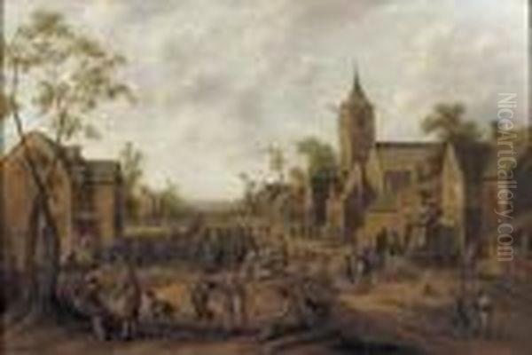 A Town With Numerous Figures Gathered In A Street Oil Painting by Joost Cornelisz. Droochsloot