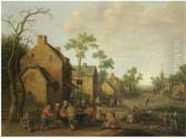 A Village Scene With Figures Conversing Outside A Tavern Oil Painting by Joost Cornelisz. Droochsloot