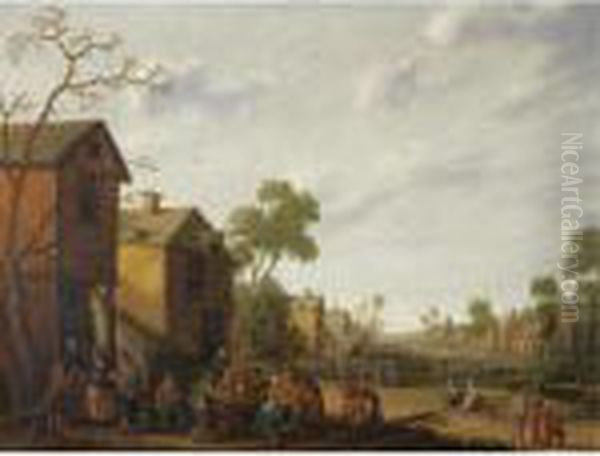 A Village Scene With Peasants Eating And Drinking Outside An Inn,beggars To The Left Oil Painting by Joost Cornelisz. Droochsloot