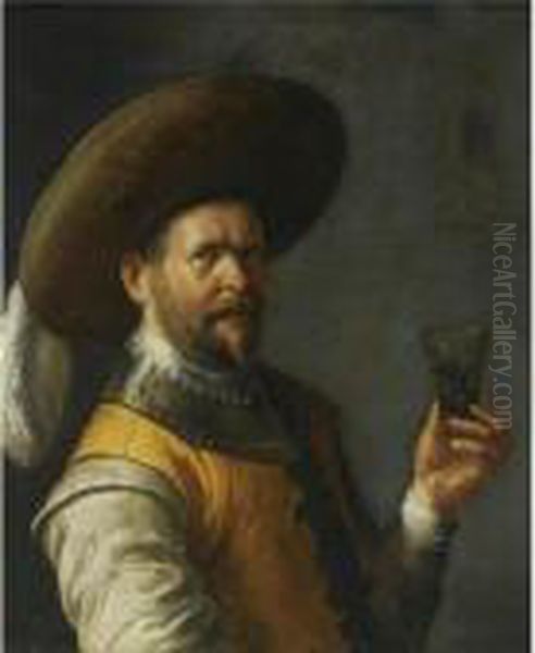 A Self Portrait Of The Artist, 
Half Length, Dressed As Acavalier, Wearing A Feathered Head, Holding A 
Glass In His Lefthand Oil Painting by Joost Cornelisz. Droochsloot