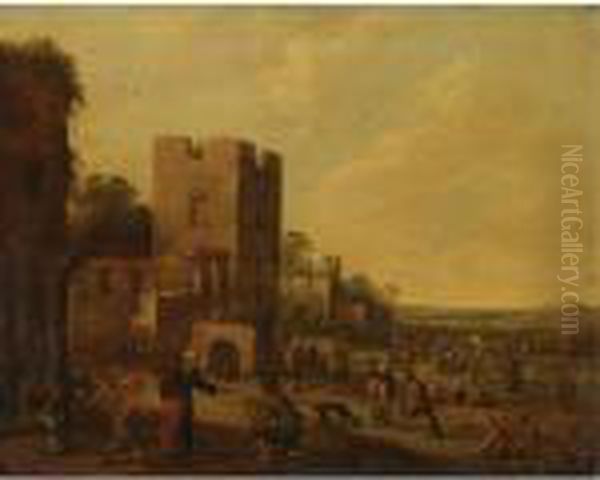 Landscape With Peasants Gathered Before Ruins Oil Painting by Joost Cornelisz. Droochsloot