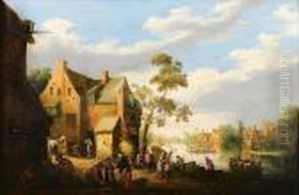 Paysage Fluvial Anime De Personnages Oil Painting by Joost Cornelisz. Droochsloot