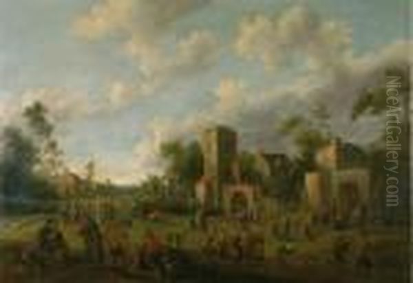 Niederlandische Dorflandschaft. Oil Painting by Joost Cornelisz. Droochsloot