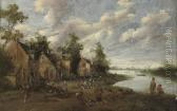 A Village With Figures Outside 
An Inn, A Church Beyond; And A Riverside Village With Fishermen And 
Figures Conversing Oil Painting by Joost Cornelisz. Droochsloot