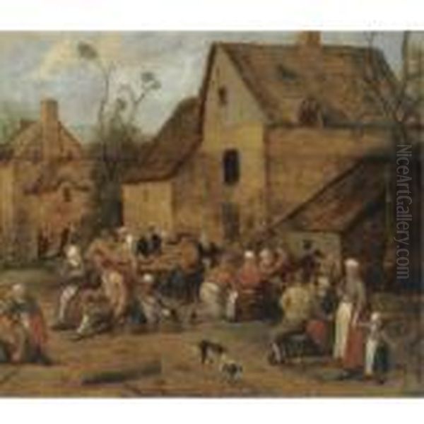 A Village Scene With Peasants Playing Games Outside An Inn Oil Painting by Joost Cornelisz. Droochsloot