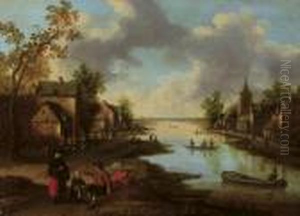 A River Landscape With Figures Outside An Inn And Fishermen In Boats Oil Painting by Joost Cornelisz. Droochsloot