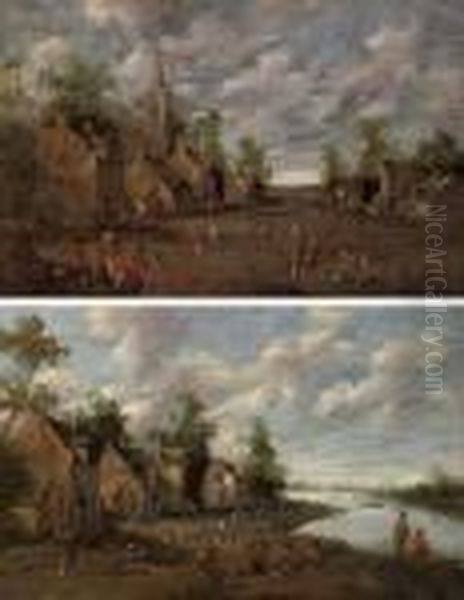 A Village With Figures Outside 
An Inn, A Church Beyond; And A Riverside Village With Fishermen And 
Figures Conversing Oil Painting by Joost Cornelisz. Droochsloot